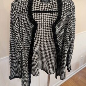 Jones New York Collection Woman Black White Knit‎ Ruffle Trim Cardigan 1X